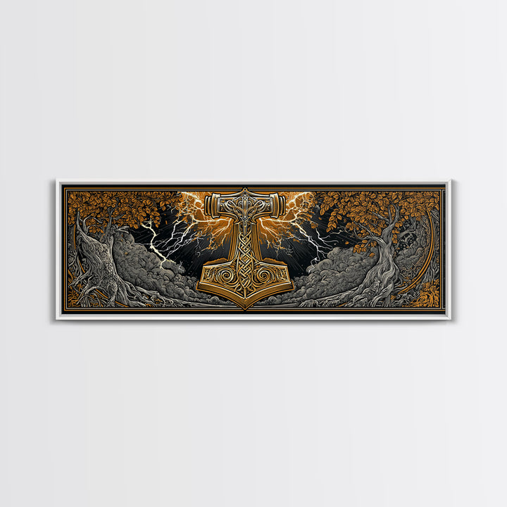 Mjolnir Canvas Gold Art Canvas Art – Thor’s Hammer Norse Mythology Wall Decor for Office or Man Cave, framed in real wood
