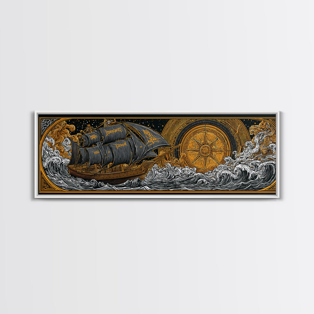 Nordic Naglfar Canvas Gold Art Canvas Art – Viking Ship at Sea, Norse Mythology Wall Decor Dad Gift, framed in genuine wood