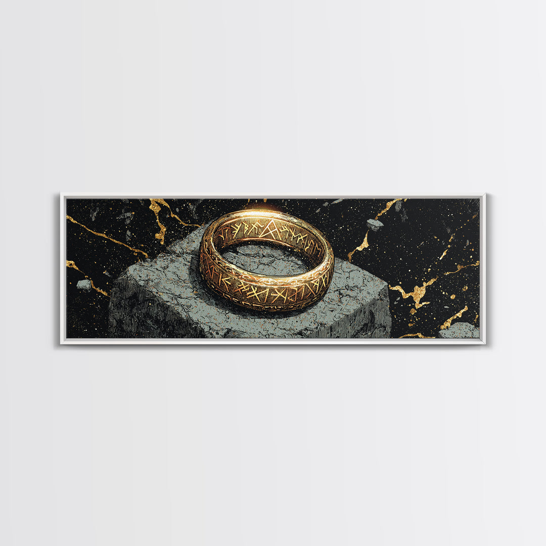 Norse Ring Canvas Gold Art Canvas Art – Nordic Mythology Jewelry Symbol, Viking Inspired Wall Decor Office Gift, natural wood frame