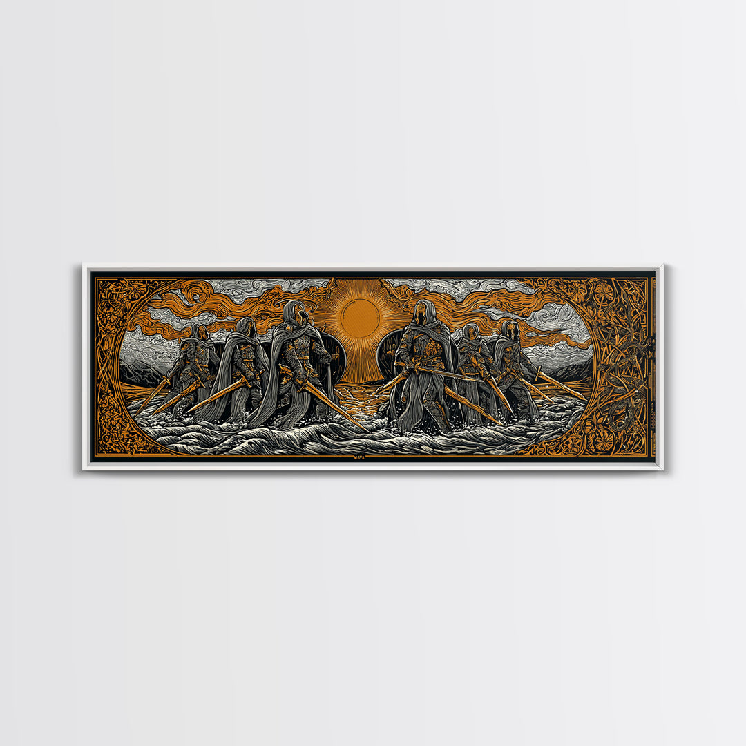 Norse Warriors Canvas Gold Art Canvas Art | Viking Battle Scene Wall Decor framed in natural wood | Man Cave or Office Gift