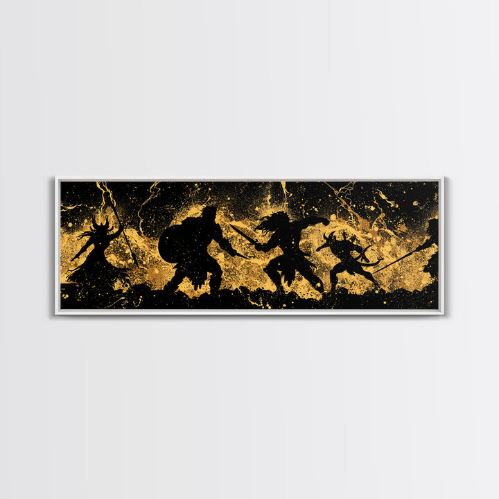 Ragnarok Nordic Myth Canvas Gold Art Canvas Art | Epic Viking Battle Scene Wall Decor with real wood frame | Office or Den Art