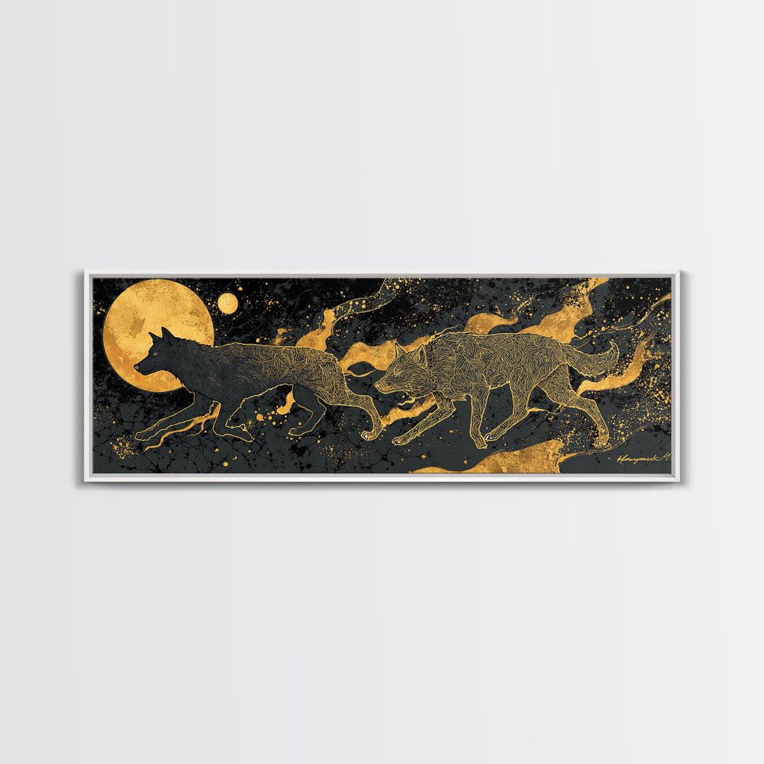 Sköll Wolf Canvas Gold Art Canvas Art | Norse Mythology Wolf of Ragnarok framed in wood | Nordic Decor for Man Cave or Office