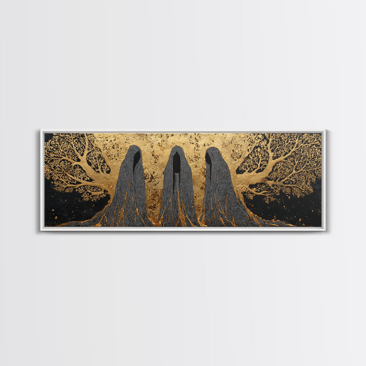 Nordic Norns Destiny Goddesses Canvas Gold Art Canvas Art for Viking Office Decor or Dad Gift, with authentic real wood frame