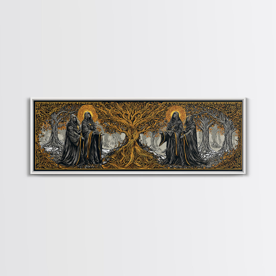 The Norns Canvas Gold Art Norse Mythology Canvas Art Wall Decor for Man Cave or Office, framed in handcrafted real wood