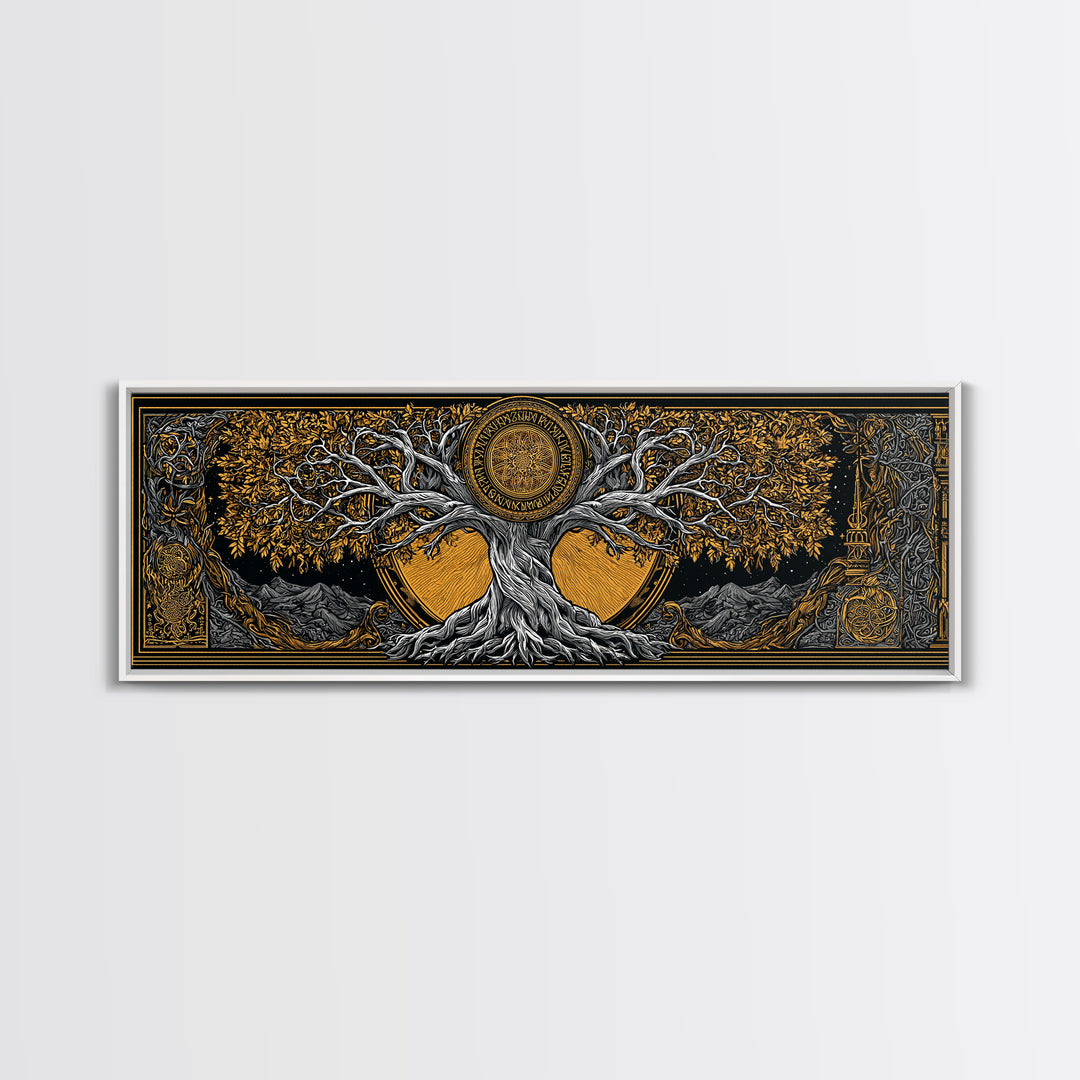 Yggdrasil Cosmic World Tree Canvas Gold Art Canvas Art Norse Decor for Man Cave or Dad Gift, with rustic real wood framing