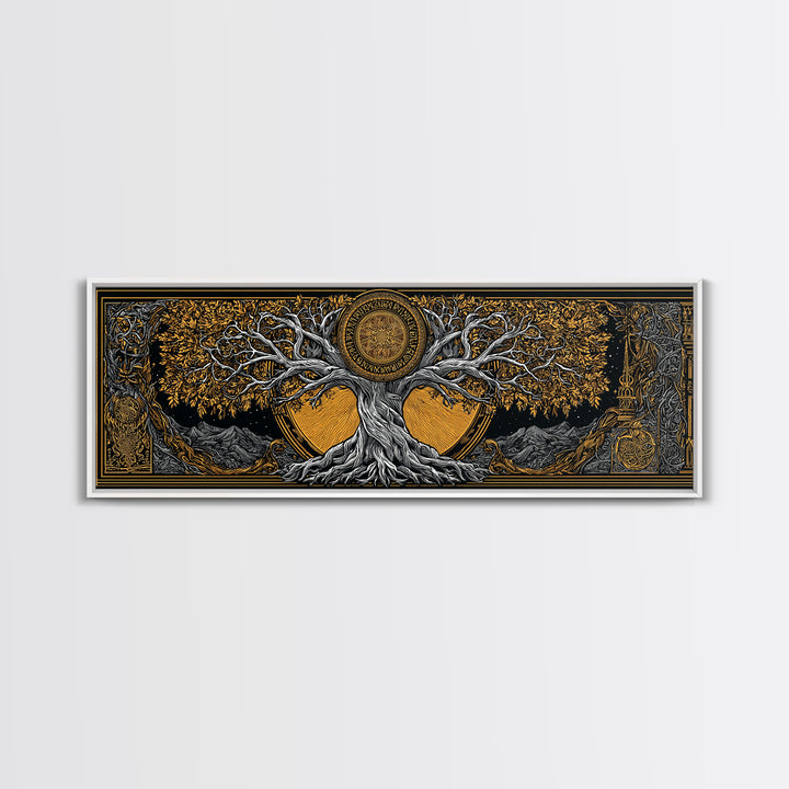 Yggdrasil Cosmic World Tree Canvas Gold Art Canvas Art Norse Decor for Man Cave or Dad Gift, with rustic real wood framing