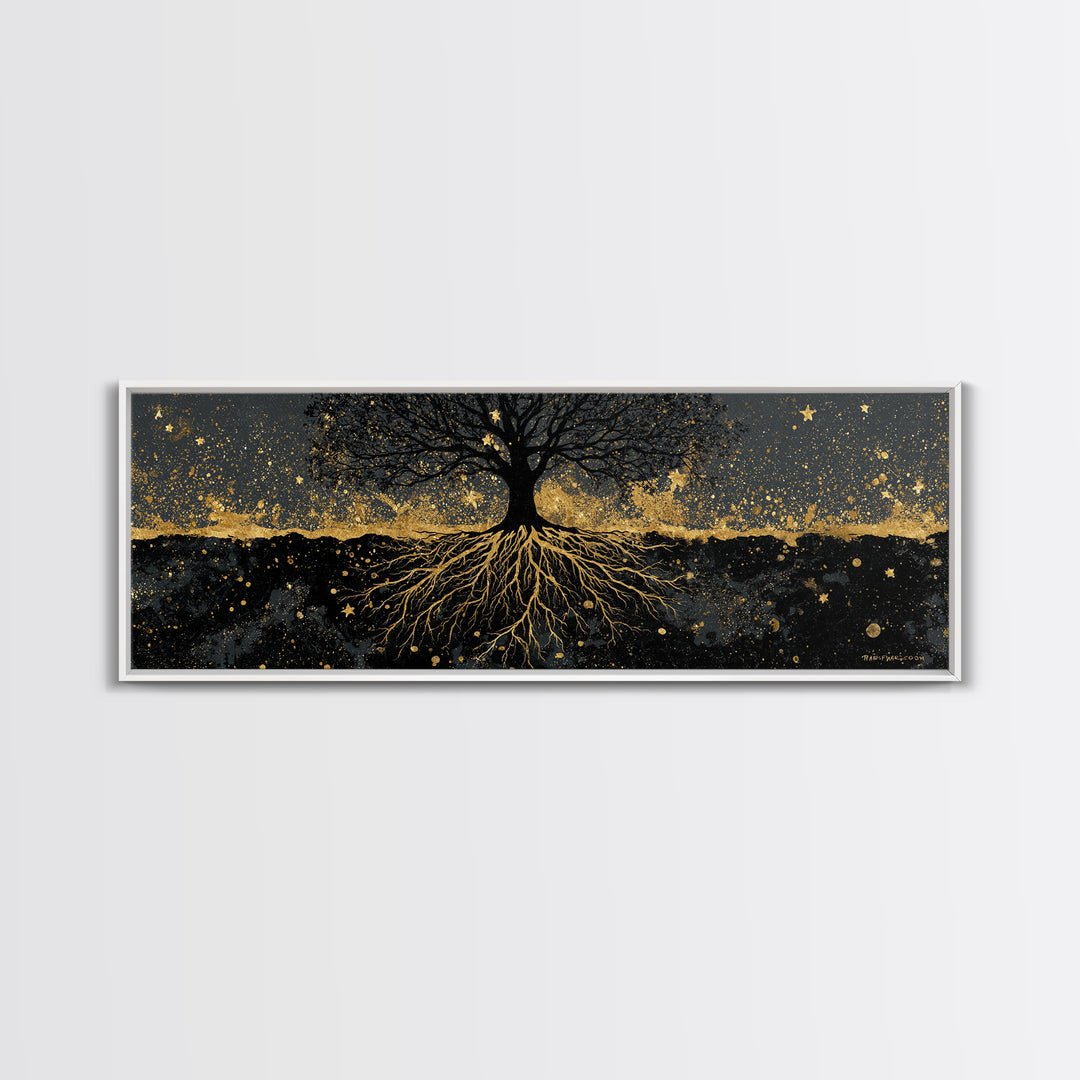 Nordic Tree of Life Yggdrasil Canvas Gold Art Canvas Art Norse Mythology Wall Decor, handcrafted in a premium real wood frame