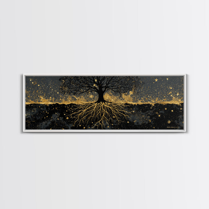 Nordic Tree of Life Yggdrasil Canvas Gold Art Canvas Art Norse Mythology Wall Decor, handcrafted in a premium real wood frame