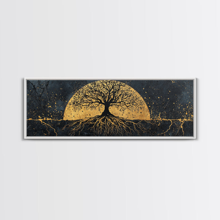 The World Tree Norse Yggdrasil Canvas Gold Art Canvas Art Cosmic Wall Decor for Office or Man Cave, framed in natural wood