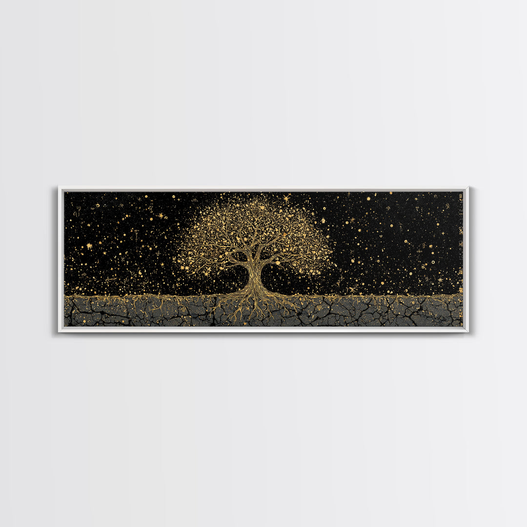 The World Tree Yggdrasil Canvas Gold Art Canvas Art Norse Mythology Wall Decor for Men’s Office, framed in solid natural wood