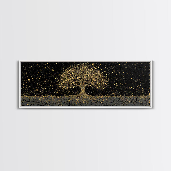 The World Tree Yggdrasil Canvas Gold Art Canvas Art Norse Mythology Wall Decor for Men’s Office, framed in solid natural wood