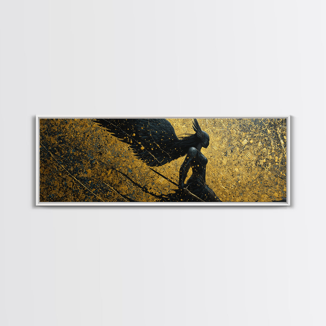 Valkyrie Warrior Canvas Gold Art Nordic Mythology Canvas Art, Office Wall Decor framed in natural wood, Viking Dad Gift