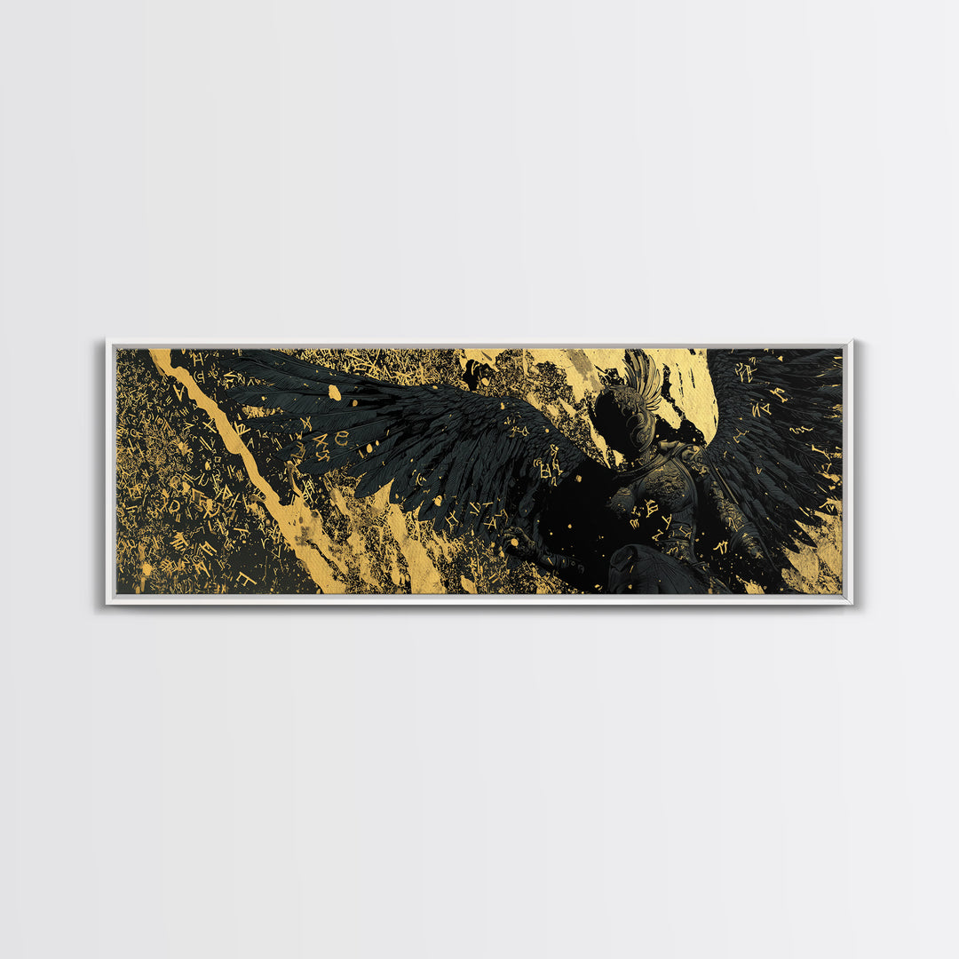 Nordic Valkyrie Canvas Gold Art Canvas Art with Mythology Design, Man Cave Wall Decor in real wood frame, Norse Office Gift