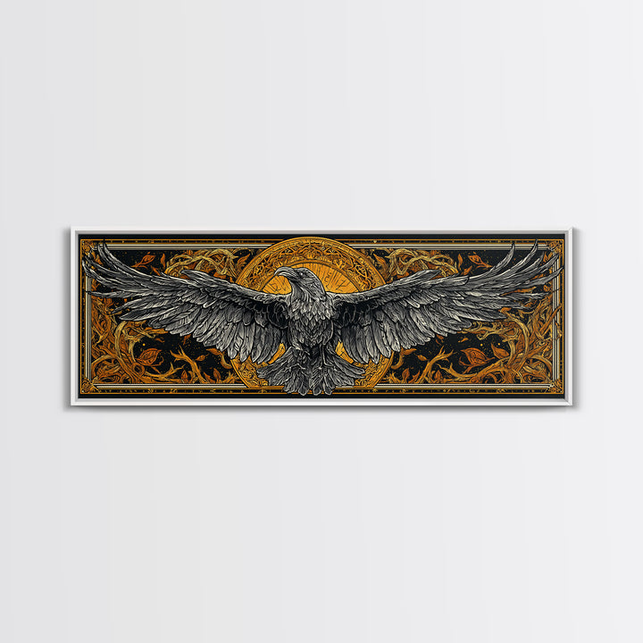 Mythical Valkyrie Helmet Canvas Gold Art Nordic Canvas Art, Norse Wall Hanging for Office or Man Cave framed in real wood