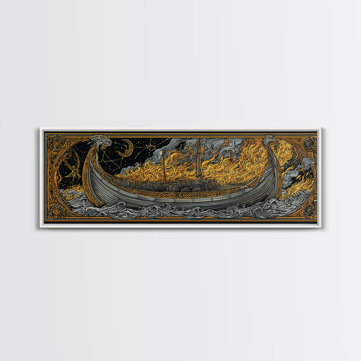 Norse Viking Longship Canvas Gold Art Canvas Art, Mythology Office Wall Decor with real wood frame, Unique Gift for Men
