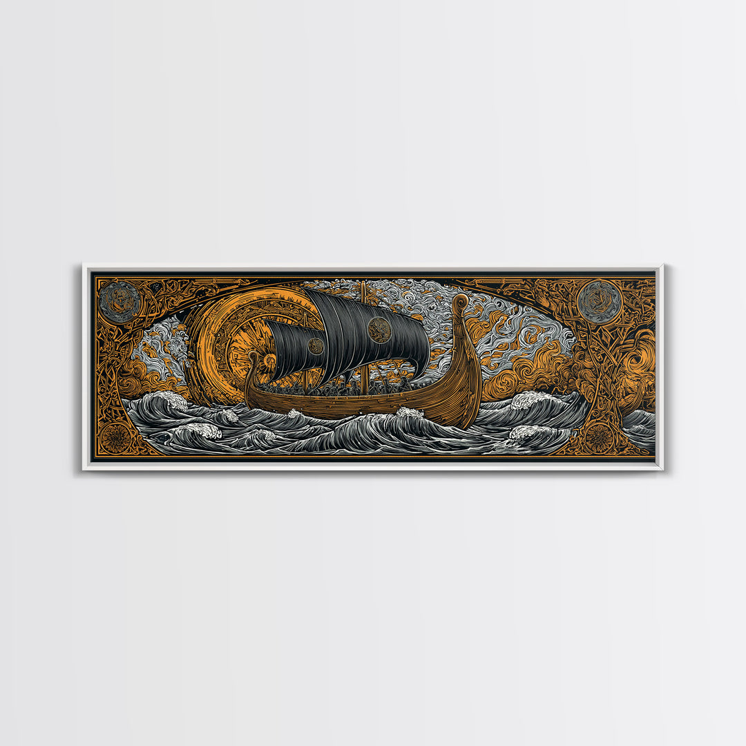 Nordic Viking Helmet Canvas Gold Art Canvas Art, Man Cave Decor in natural wood frame, Mythology Wall Art Office Gift