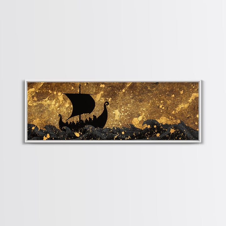 Viking Funerary Ship Canvas Gold Art Norse Mythology Canvas Art, Office Wall Decor framed in real wood, Dad Gift Man Cave
