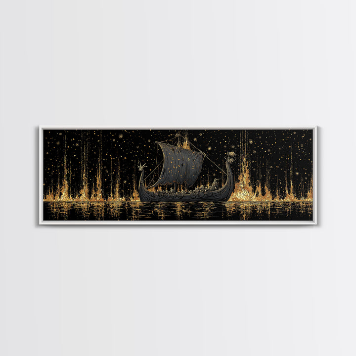 Nordic Viking Warriors Canvas Gold Art Canvas Art, Mythology Office Wall Hanging in natural wood frame, Gift for Him Decor