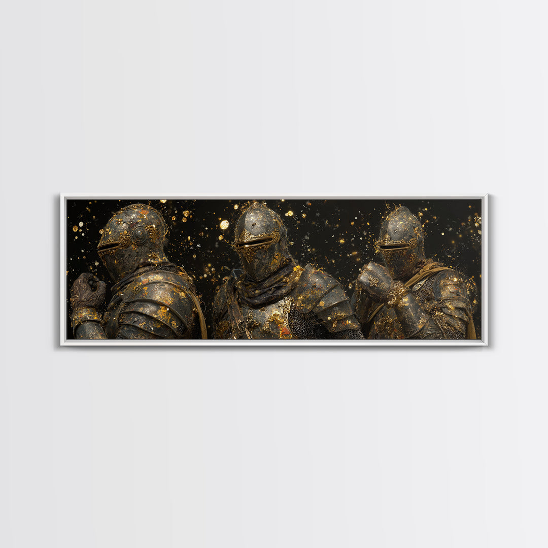 Viking Ship Canvas Gold Art Norse Mythology Canvas Art, Office Wall Decor framed in natural wood, Man Cave Gift for Him