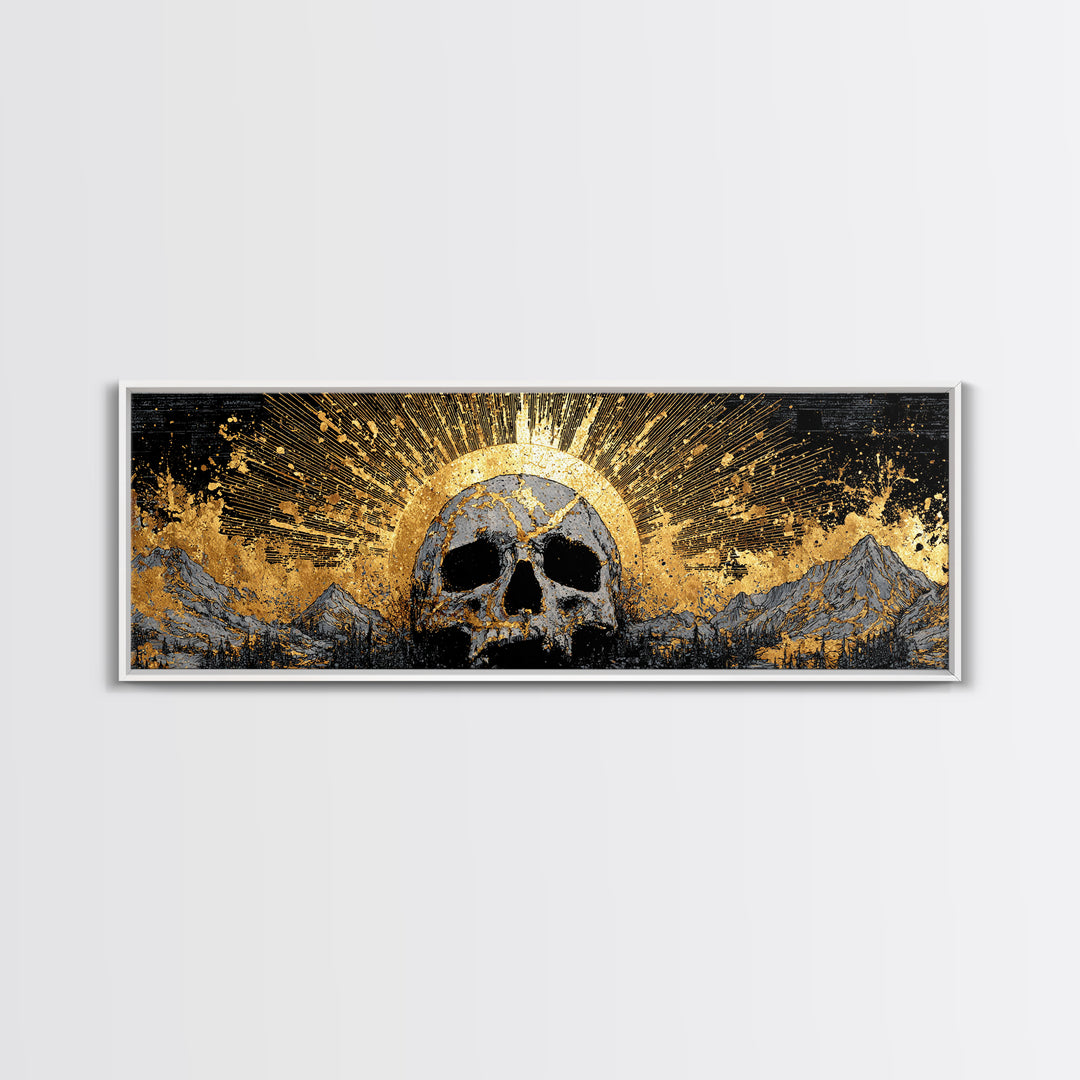 Nordic Mythology Canvas Gold Art, Ymir Skull Landscape Canvas Art with Natural Wood Frame, Viking Man Cave Wall Decor