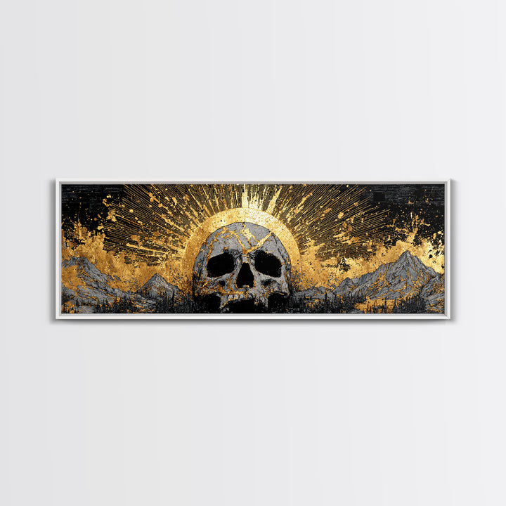 Nordic Mythology Canvas Gold Art, Ymir Skull Landscape Canvas Art with Natural Wood Frame, Viking Man Cave Wall Decor