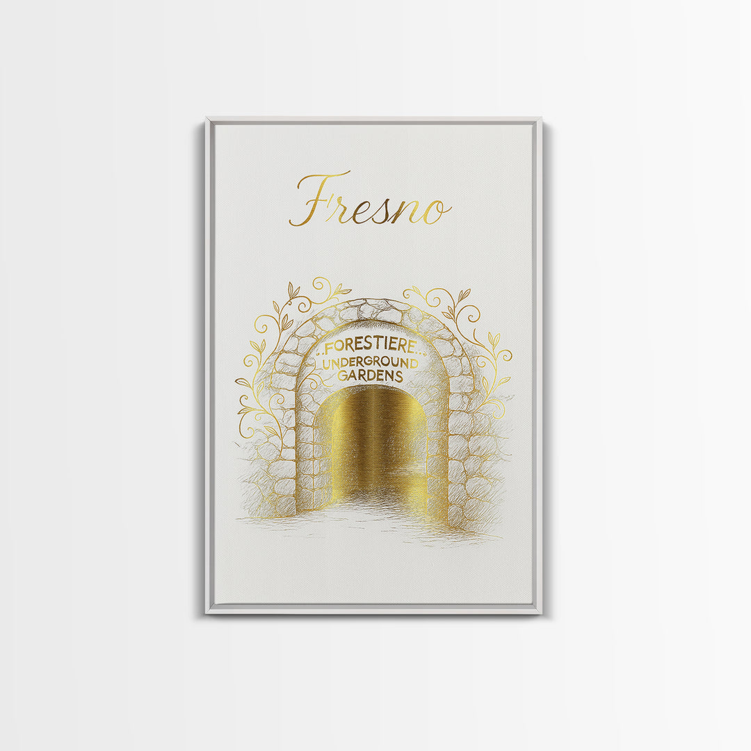 Fresno Travel Poster, Framed Canvas Print, Gold Outline Poster Art, Fresno Poster Print, Mid Century Wall Art, Gift For Travelers