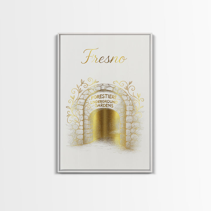 Fresno Travel Poster, Framed Canvas Print, Gold Outline Poster Art, Fresno Poster Print, Mid Century Wall Art, Gift For Travelers