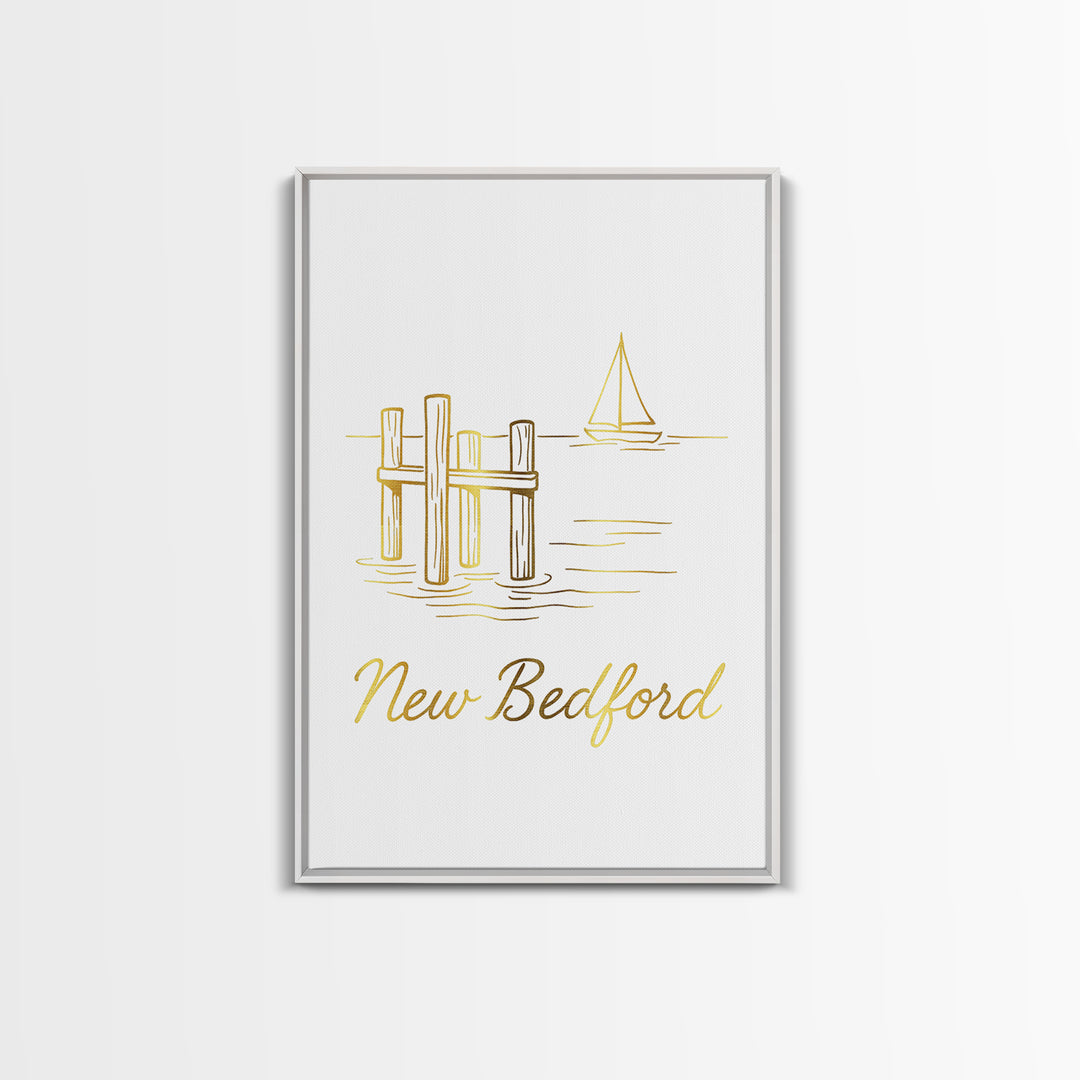 New Bedford Travel Poster, Framed Canvas Print, Minimalist Gold Line Art, New Bedford Travel Art, Living Room Wall Art, Modern Wall Decor