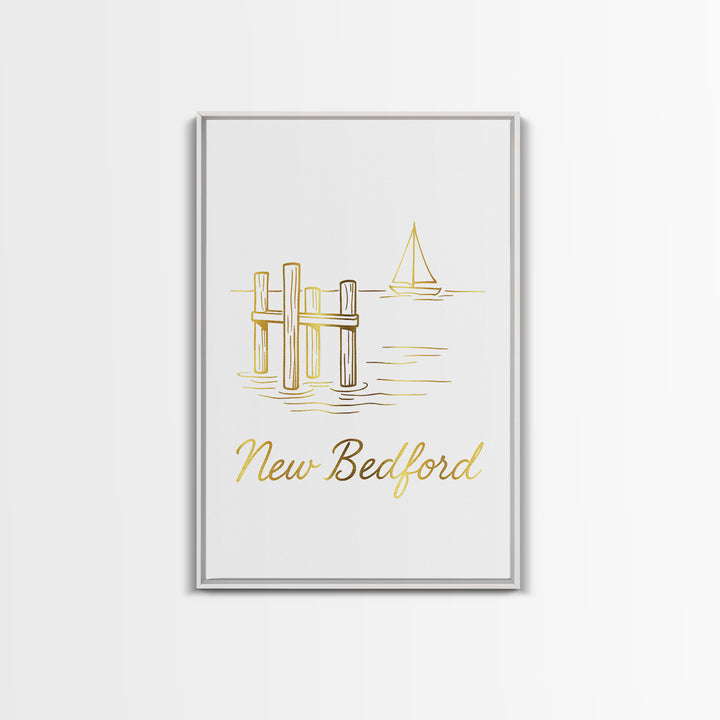 New Bedford Travel Poster, Framed Canvas Print, Minimalist Gold Line Art, New Bedford Travel Art, Living Room Wall Art, Modern Wall Decor
