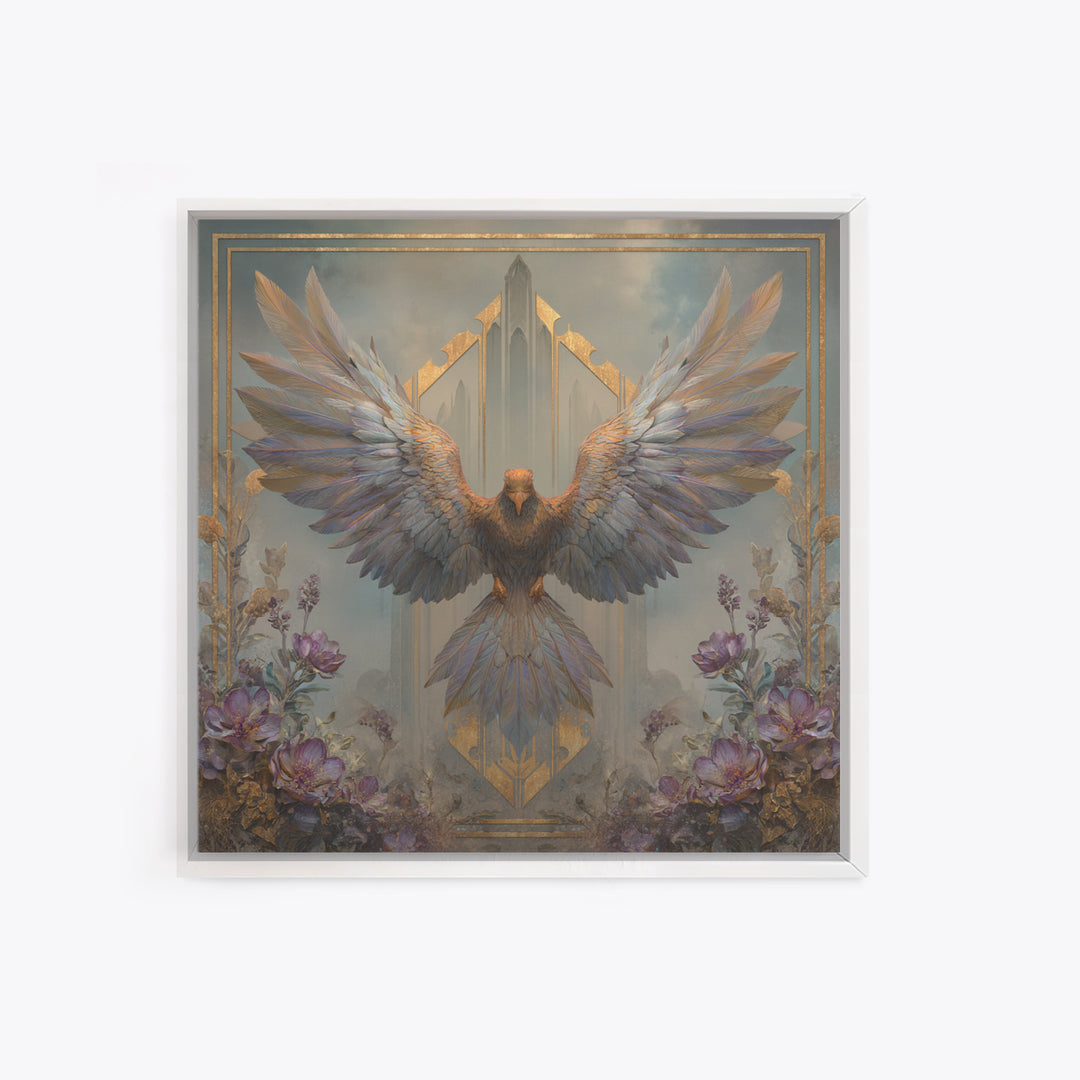 Icarus Falling Through Golden Sky and Feathers Framed Canvas Print, Mythological Art, Living Room Decor, Fine Art, Legend, MYT-1x1-52