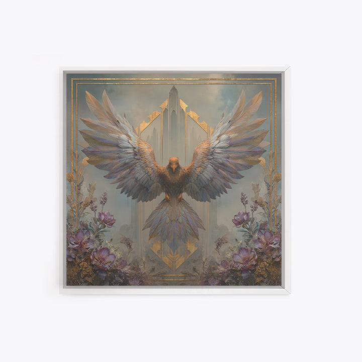 Icarus Falling Through Golden Sky and Feathers Framed Canvas Print, Mythological Art, Living Room Decor, Fine Art, Legend, MYT-1x1-52