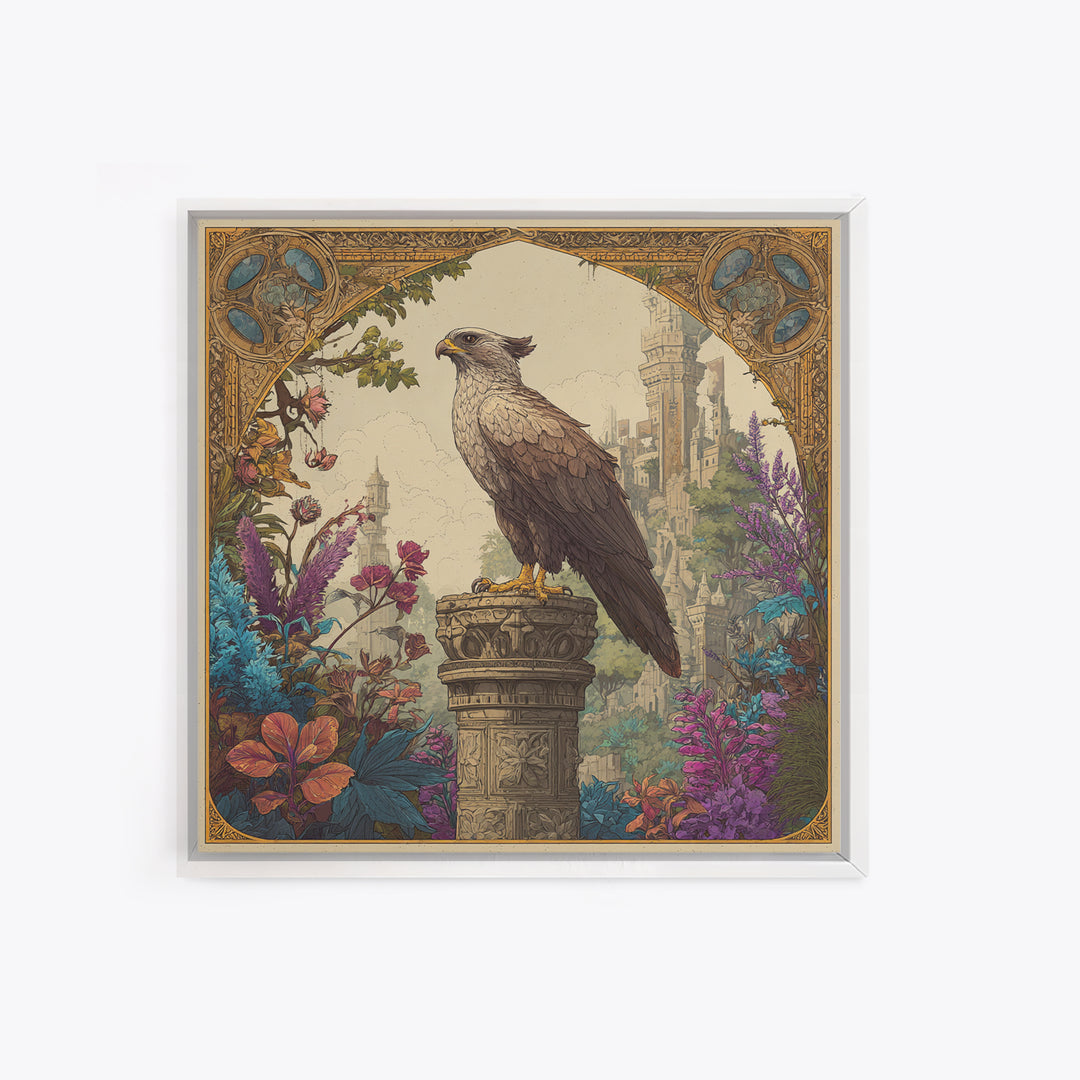 Griffin Perched on Ancient Stone Column Canvas Print, Mythological Art, Neutral Decor, Living Room Decor, Fine Art, Legend, MYT-1x1-86