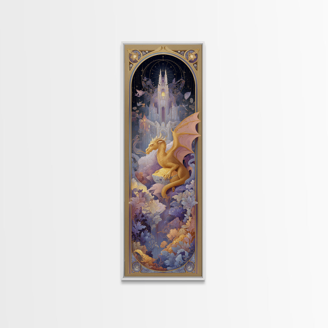 Dragon Guarding a Hoard of Ancient Gold Framed Canvas Print, Mythological Art, Framed Wall Art, Living Room Decor, Legend, MYT-1x3-80