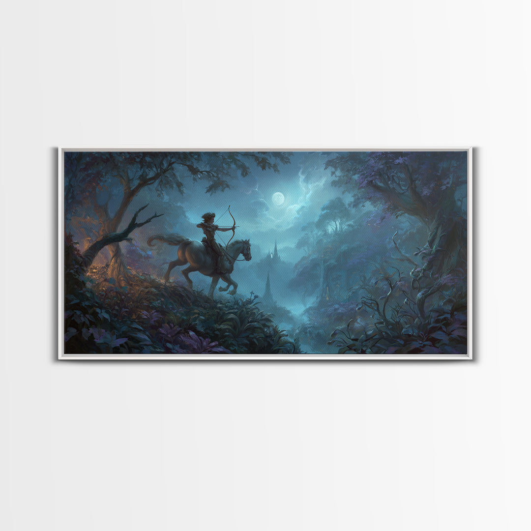 Centaur Archer in Misty Forest Framed Canvas Print, Mythological Art, Luxury Decor, Living Room Decor, Fine Art, Legend, MYT-2x1-12
