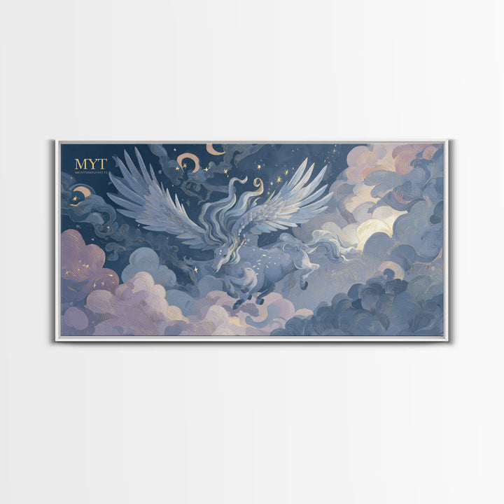 Pegasus Flying Above Cloud Kingdom Canvas Print, Mythological Art, Contemporary Art, Living Room Decor, Fine Art, Legend, MYT-2x1-17