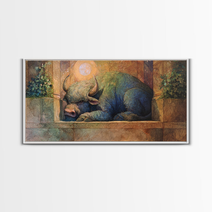 Minotaur in Labyrinth of Warm Stone Framed Canvas Print, Mythological Art, Minimalist Decor, Living Room Decor, Legend, MYT-2x1-37
