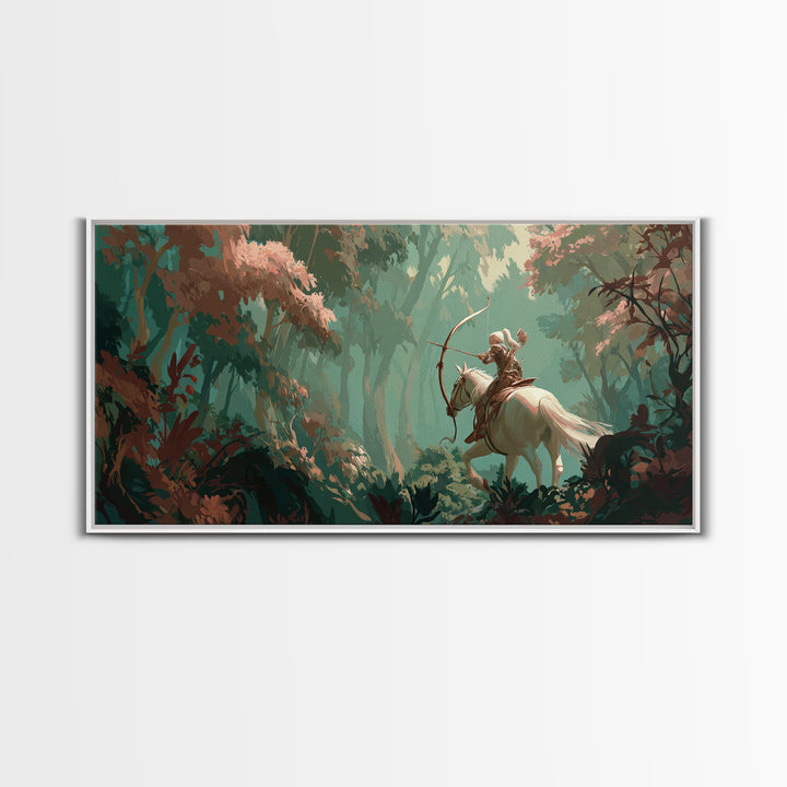 Centaur Archer in Misty Forest Framed Canvas Print, Mythological Art, Prints, Living Room Decor, Legend, Dark Academia Decor, MYT-2x1-60