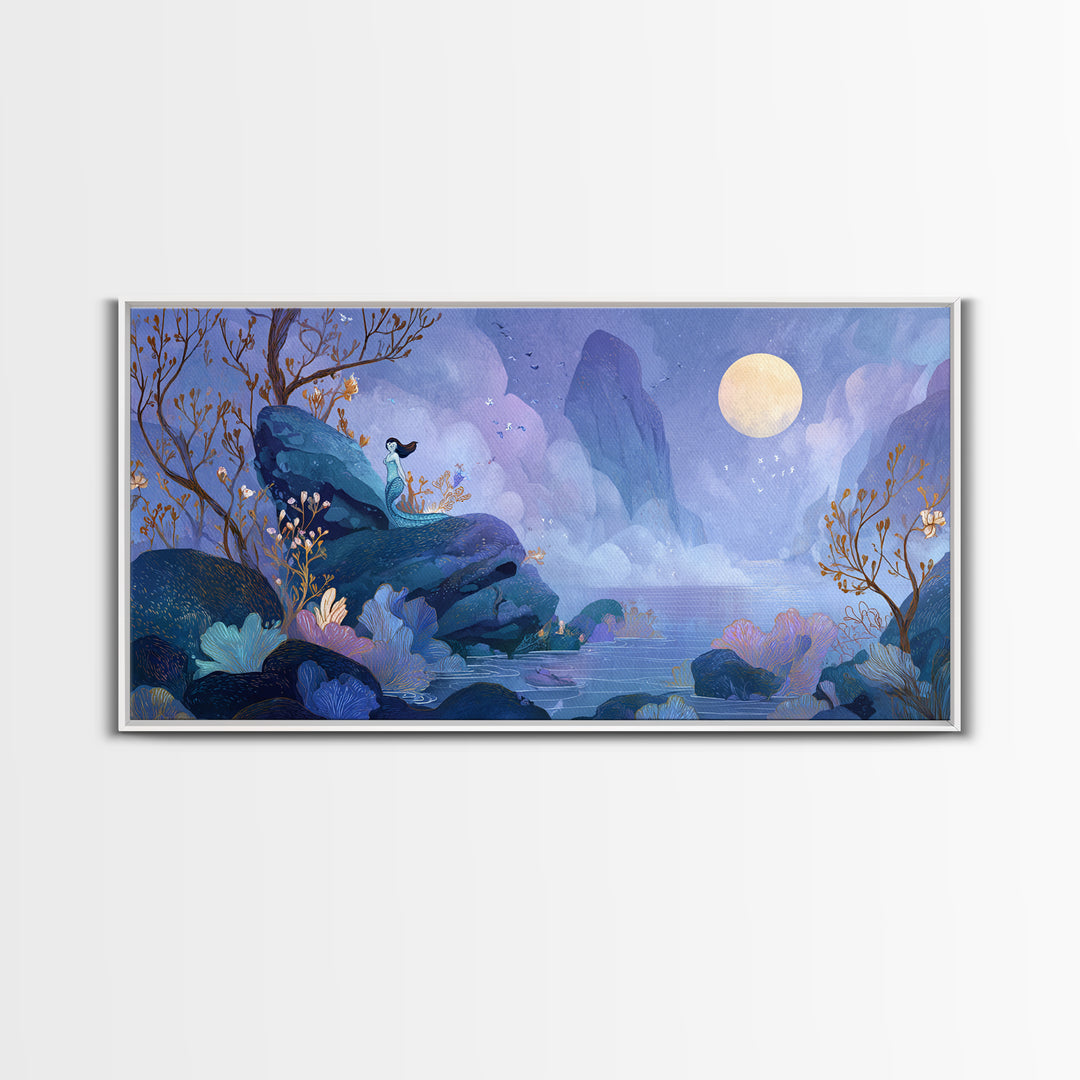 Mermaid Siren on Rocks Framed Canvas Print, Mythological Art, Contemporary Art, Living Room Decor, Legend, Digital Wall Art, MYT-2x1-83