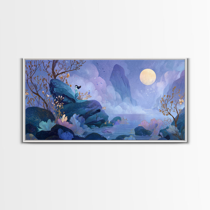 Mermaid Siren on Rocks Framed Canvas Print, Mythological Art, Contemporary Art, Living Room Decor, Legend, Digital Wall Art, MYT-2x1-83