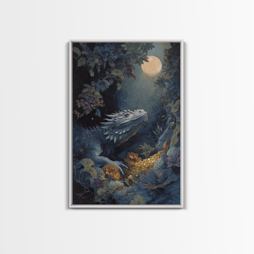 Dragon Guarding a Hoard of Ancient Gold Framed Canvas Print, Mythological Art, Luxury Decor, Living Room Decor, Legend, MYT-2x3-100