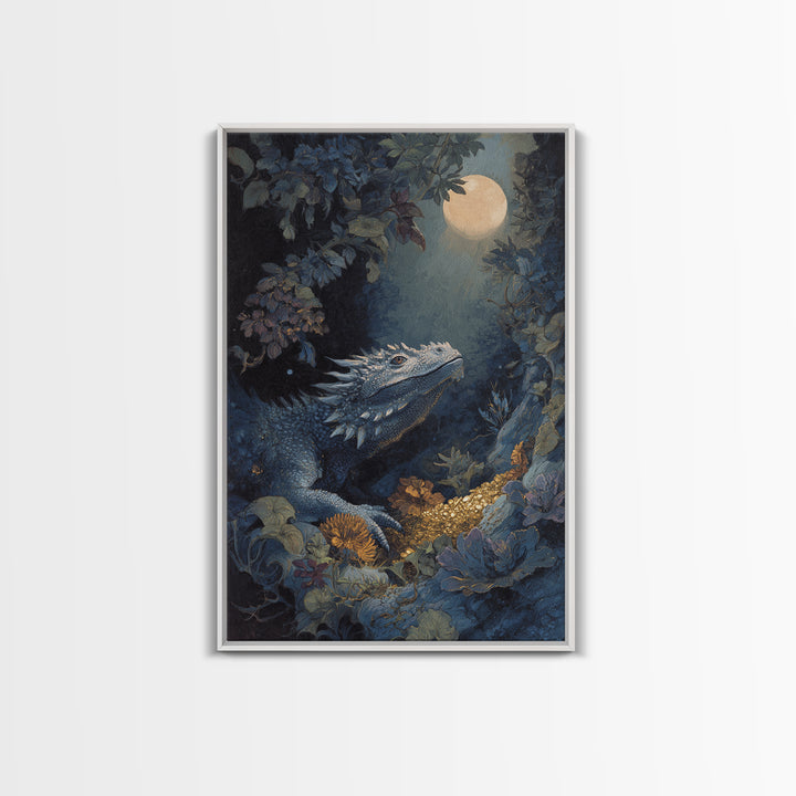 Dragon Guarding a Hoard of Ancient Gold Framed Canvas Print, Mythological Art, Luxury Decor, Living Room Decor, Legend, MYT-2x3-100