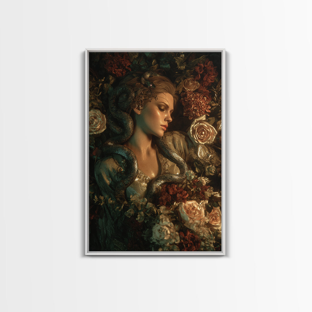 Medusa Portrait with Serpents and Tragic Beauty Framed Canvas Print, Mythological Art, Art Print, Living Room Decor, Legend, MYT-2x3-33