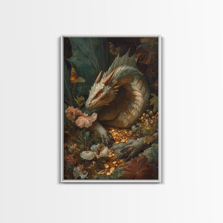 Dragon Guarding a Hoard of Ancient Gold Framed Canvas Print, Mythological Art, Fine Art Print, Living Room Decor, Legend, MYT-2x3-4