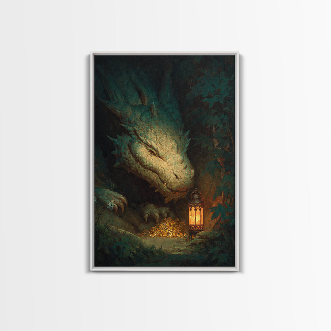 Dragon Guarding a Hoard of Ancient Gold Framed Canvas Print, Mythological Art, Gothic Home Decor, Living Room Decor, Legend, MYT-2x3-76