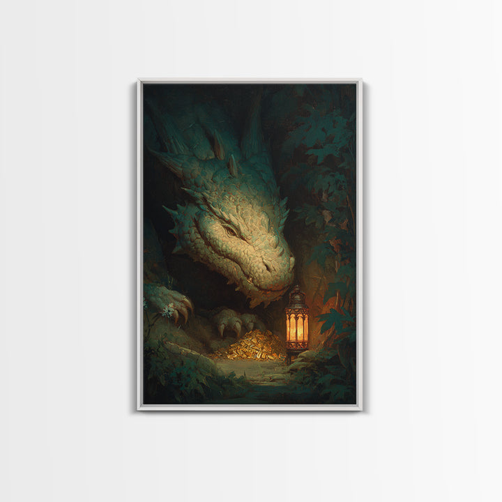 Dragon Guarding a Hoard of Ancient Gold Framed Canvas Print, Mythological Art, Gothic Home Decor, Living Room Decor, Legend, MYT-2x3-76