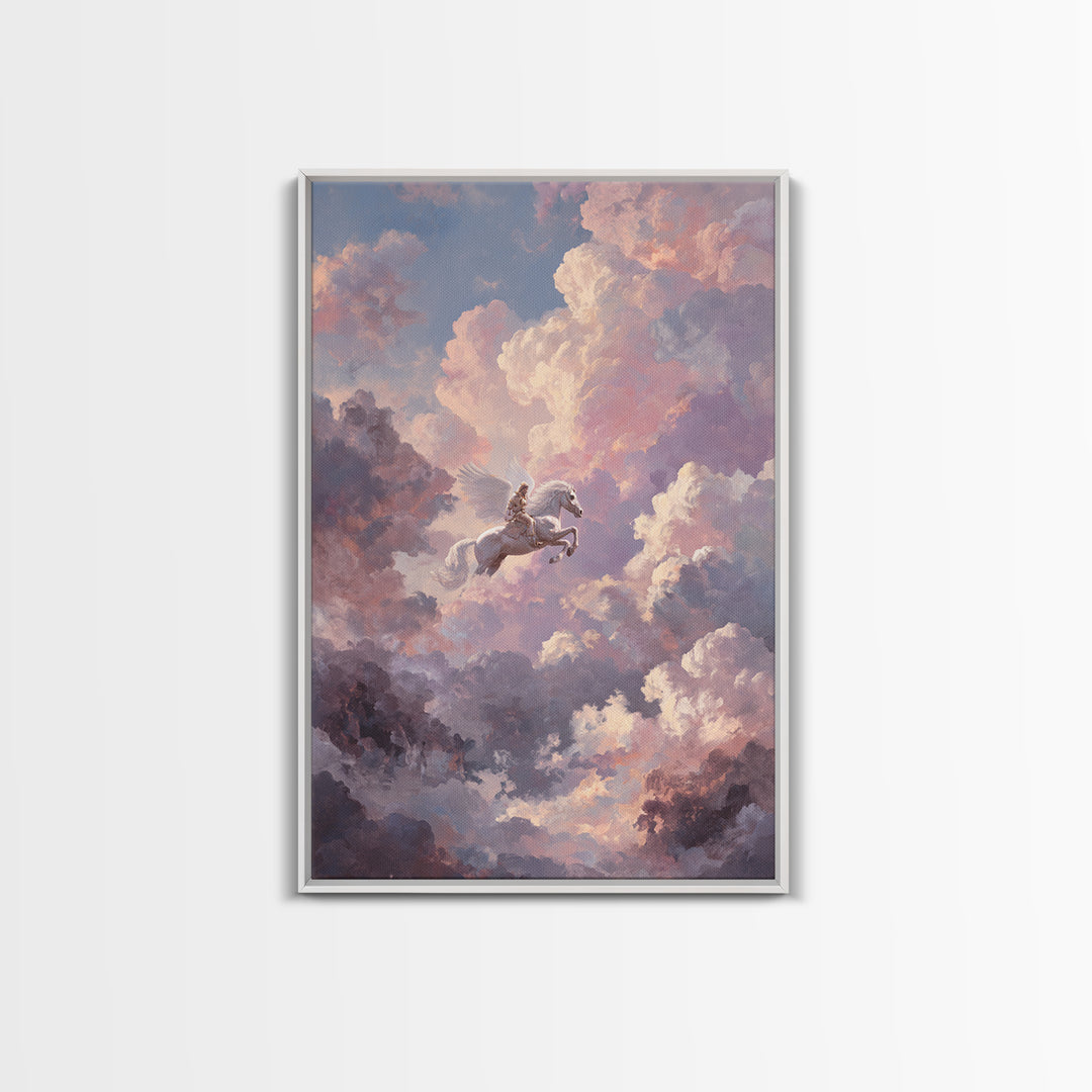 Pegasus Flying Above Cloud Kingdom Canvas Print, Mythological Art, Artwork, Living Room Decor, Legend, Gallery Wall Art, MYT-2x3-77