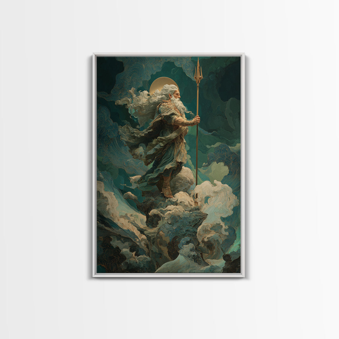 Poseidon Figure Rising from Stormy Ocean Framed Canvas Print, Mythological Art, Portrait, Living Room Decor, Fine Art, Legend, MYT-2x3-83
