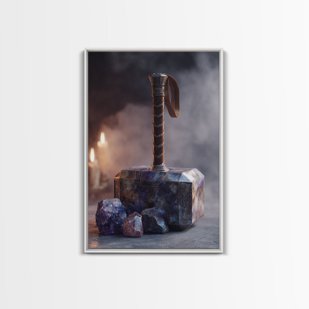 Thor Hammer and Lightning Still Life Framed Canvas Print, Mythological Art, Print, Living Room Decor, Fine Art, Legend, MYT-2x3-90