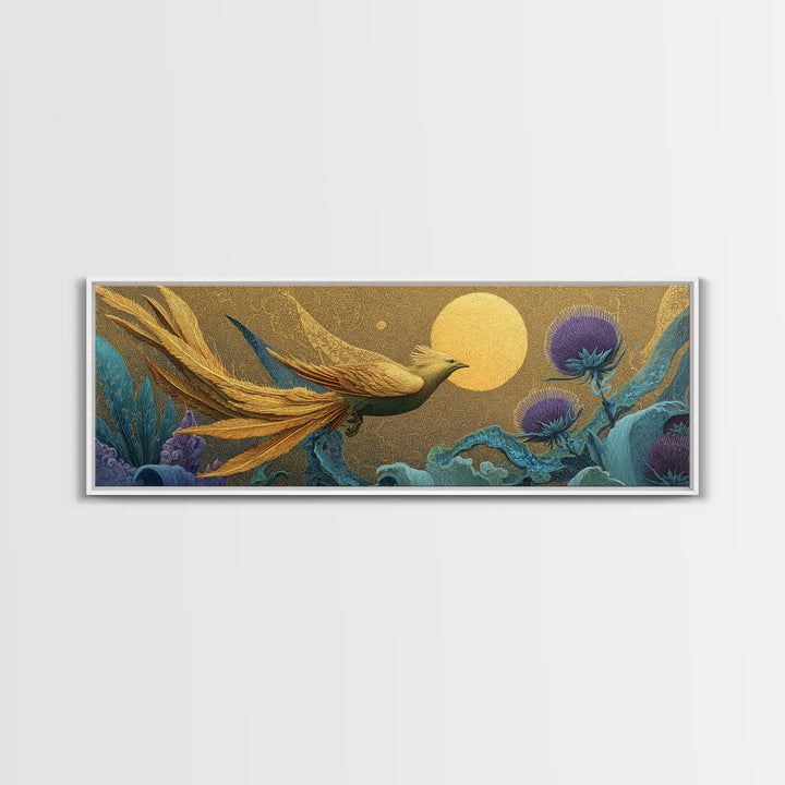 Icarus Falling Through Golden Sky and Feathers Framed Canvas Print, Mythological Art, Gallery Decor, Living Room Decor, Legend, MYT-3x1-44