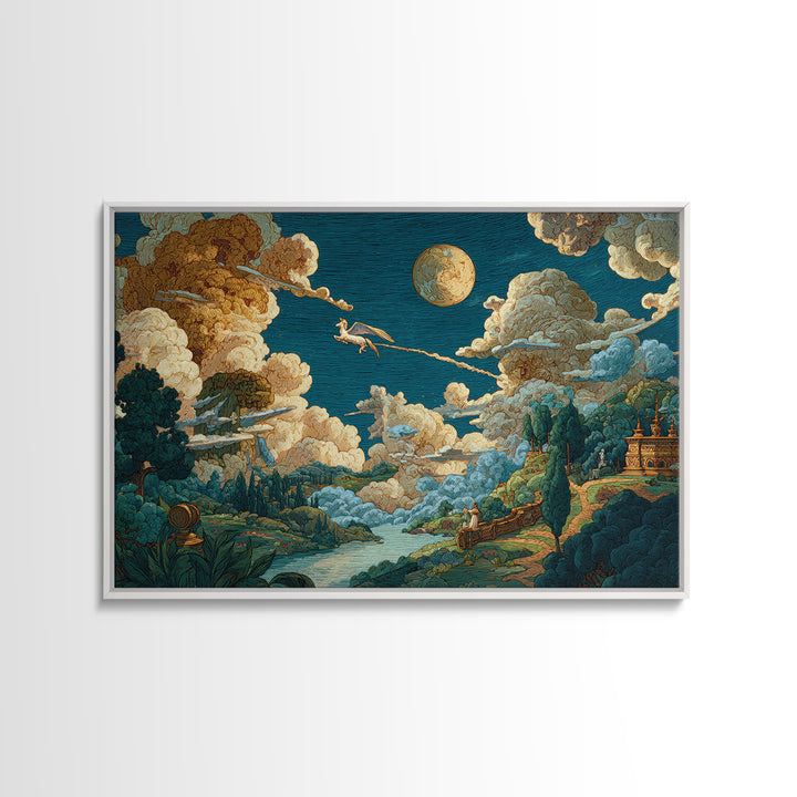 Pegasus Flying Above Cloud Kingdom Framed Canvas Print, Mythological Art, Living Room Decor, Abstract Art, Legend, Home Decor, MYT-3x2-25